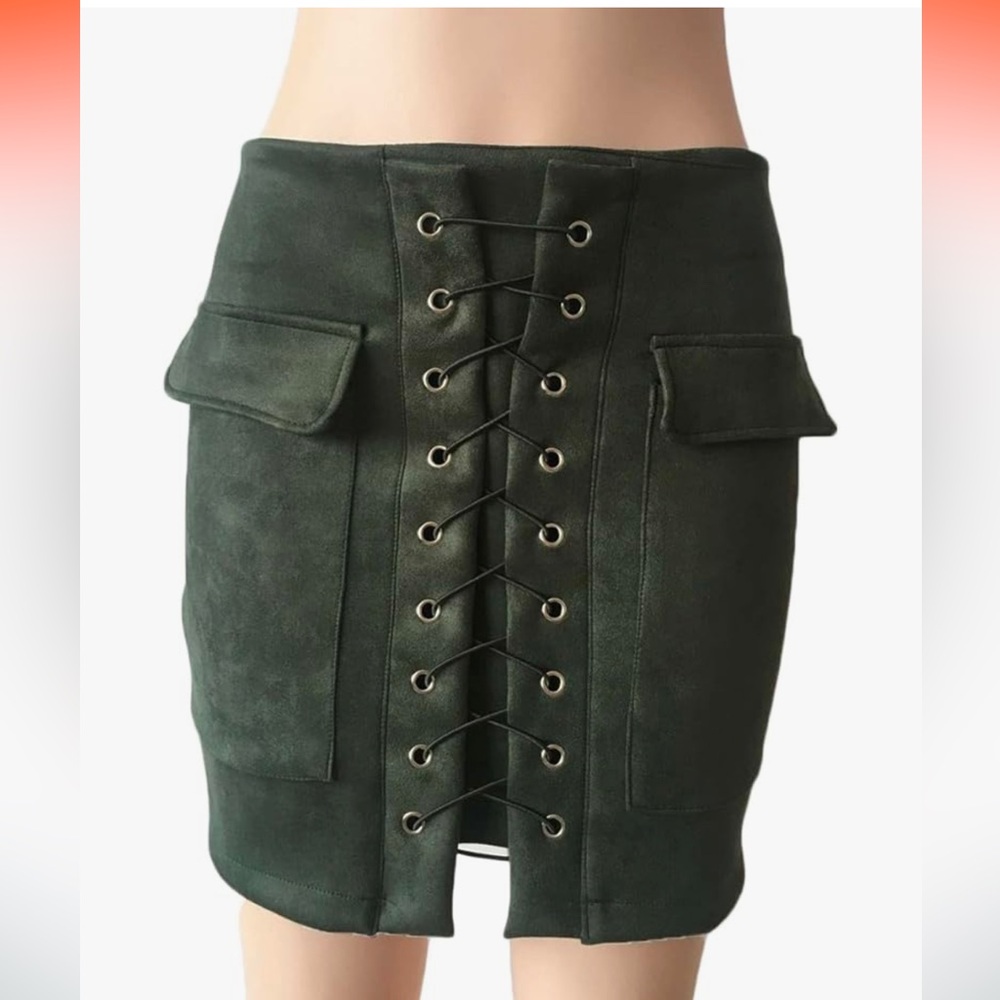 Olive green side lace up bodycon skirt